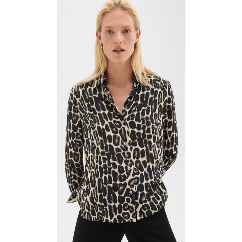 Theory Straight Shirt in Recycled Leopard Print Georgette XS Petite New With Tag